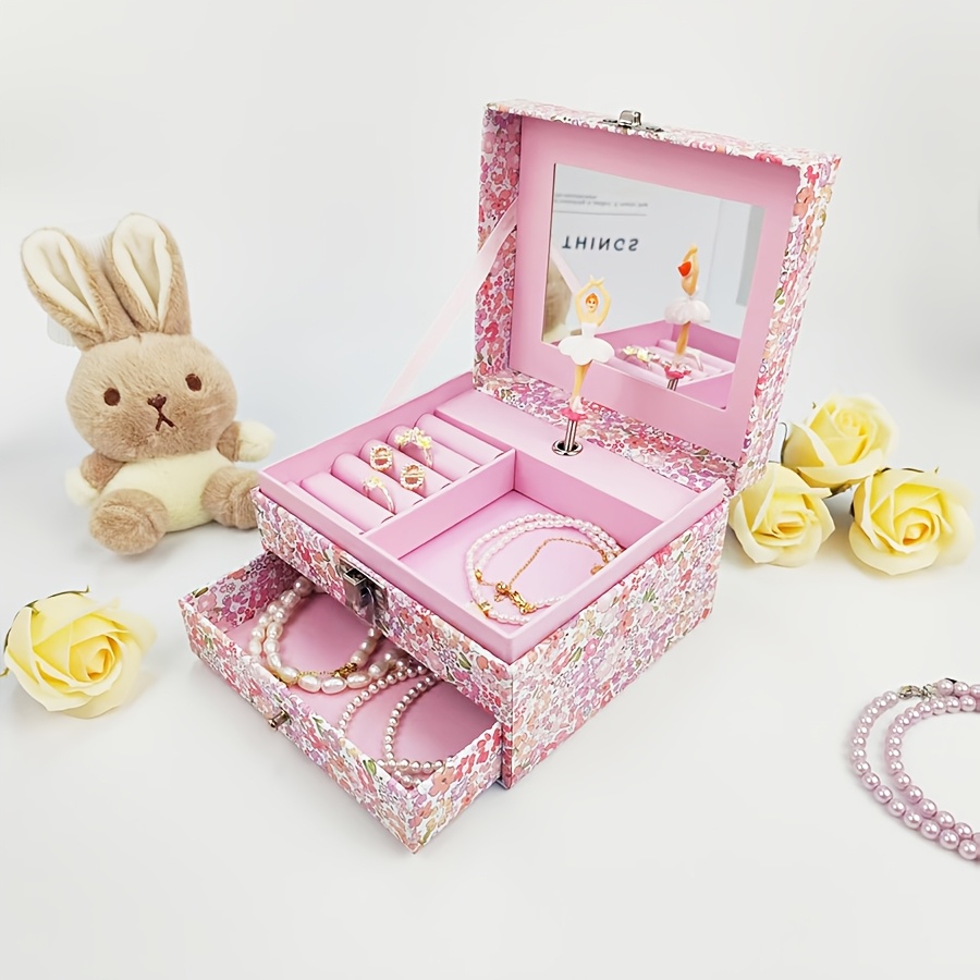 TEMU Elegant Floral Wrapped Ballet Rotation Music Box Dual Layer Jewelry Storage Organizer With Mirror Lockable Lid Pull Drawer For Tiny Jewelry