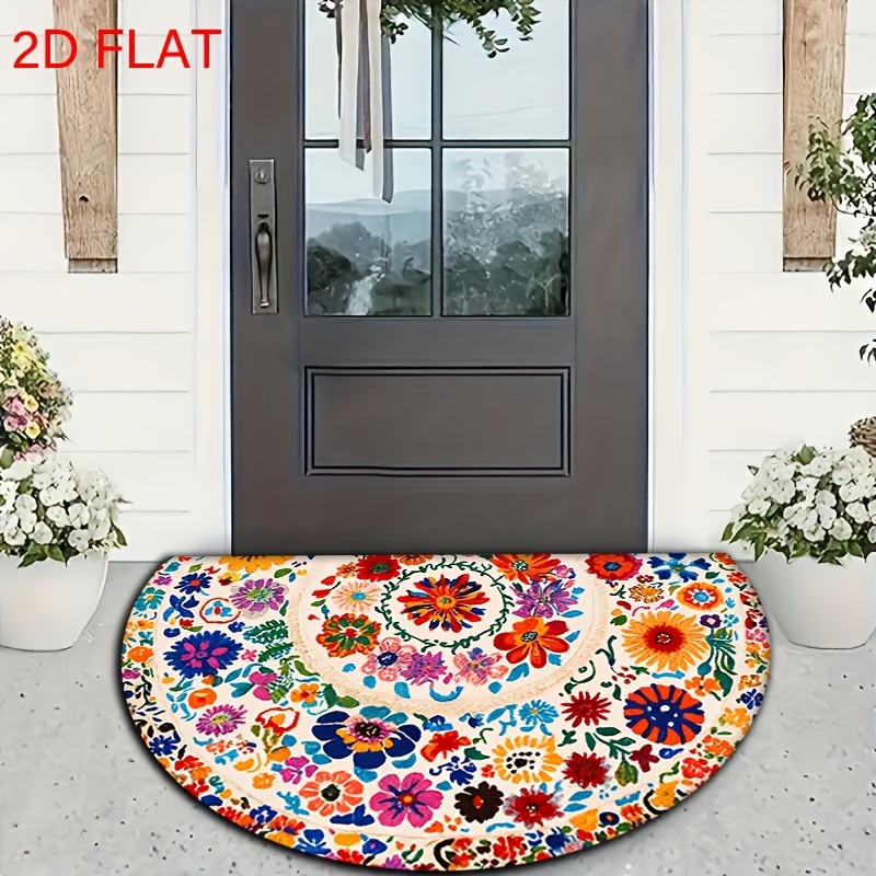 TEMU 1 tapis semi-circulaire Mandala - Motif floral coloré, , antidérapant, lavable en machine, pour intérieur/extérieur, idéal pour salon, chambre,