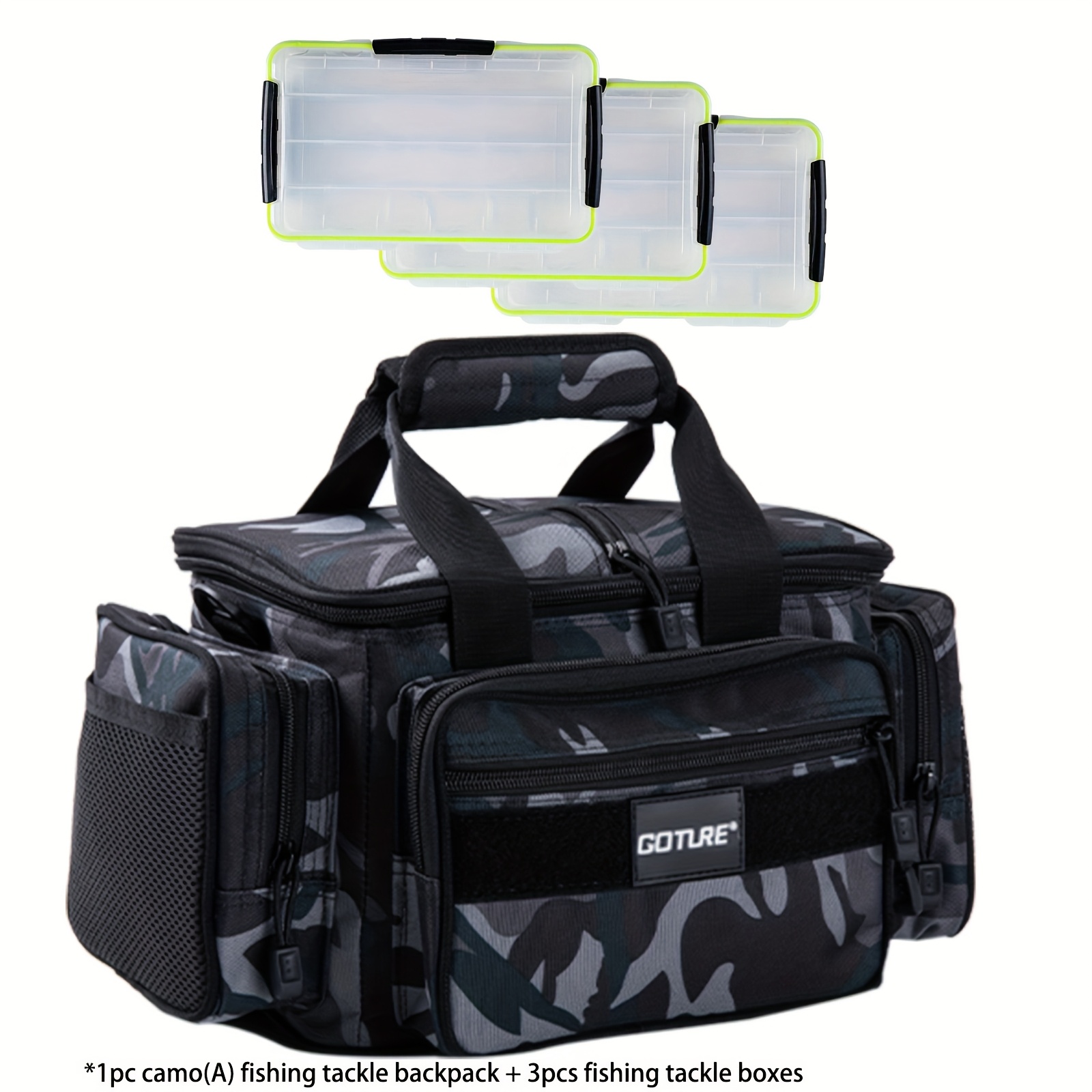 Goture 1pc Fishing Tackle Backpack + 3pcs Fishing Tackle Boxes, Cross Body Sling Fishing Bag, Waist Pack Fishing Gear Bag , Padded Shoulder Strap