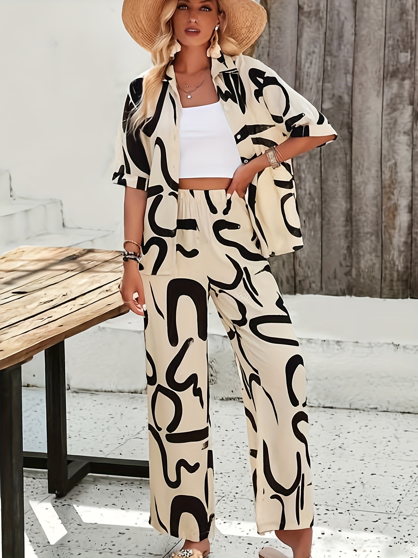 conjunto mujer casual poliéster cuello manga corta Temu