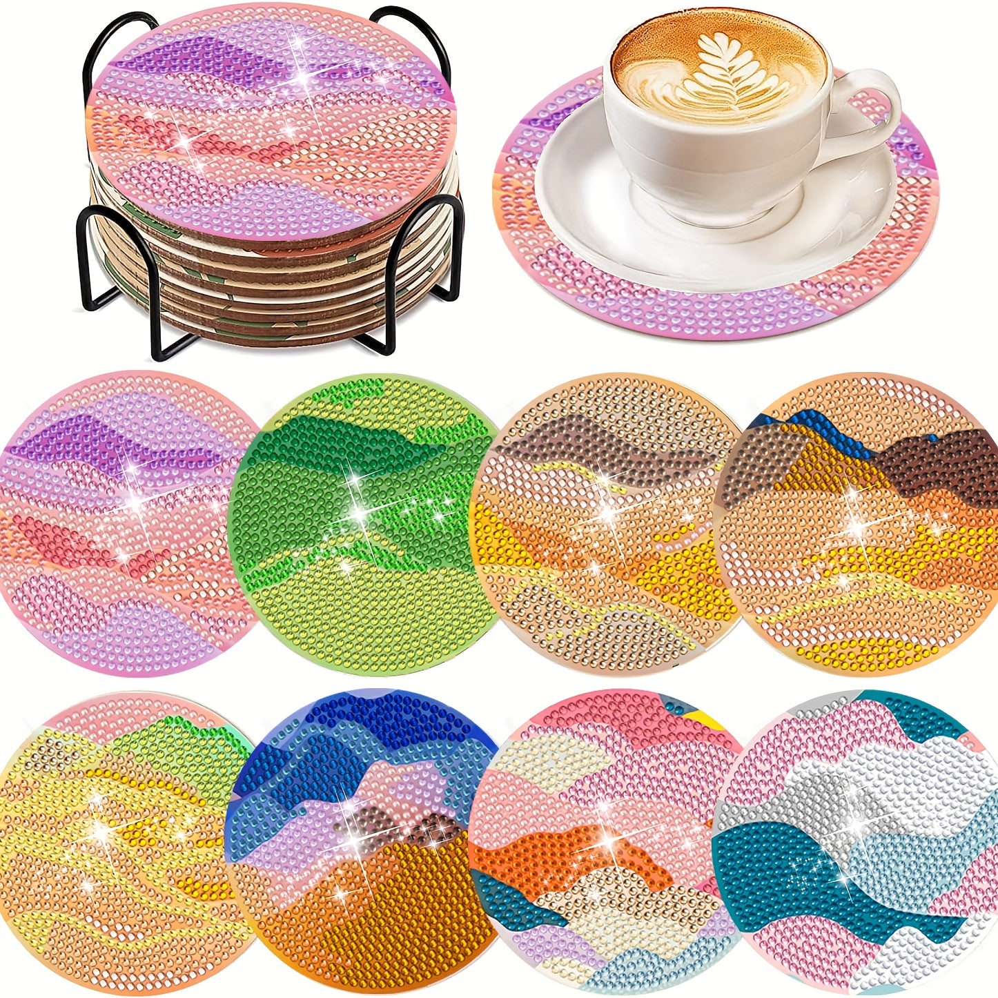 

8 Landscape Abstract Coasters With Brackets, Diy Diamond Art Coaster Set, Suitable For Beginner Art And Craft Supplies