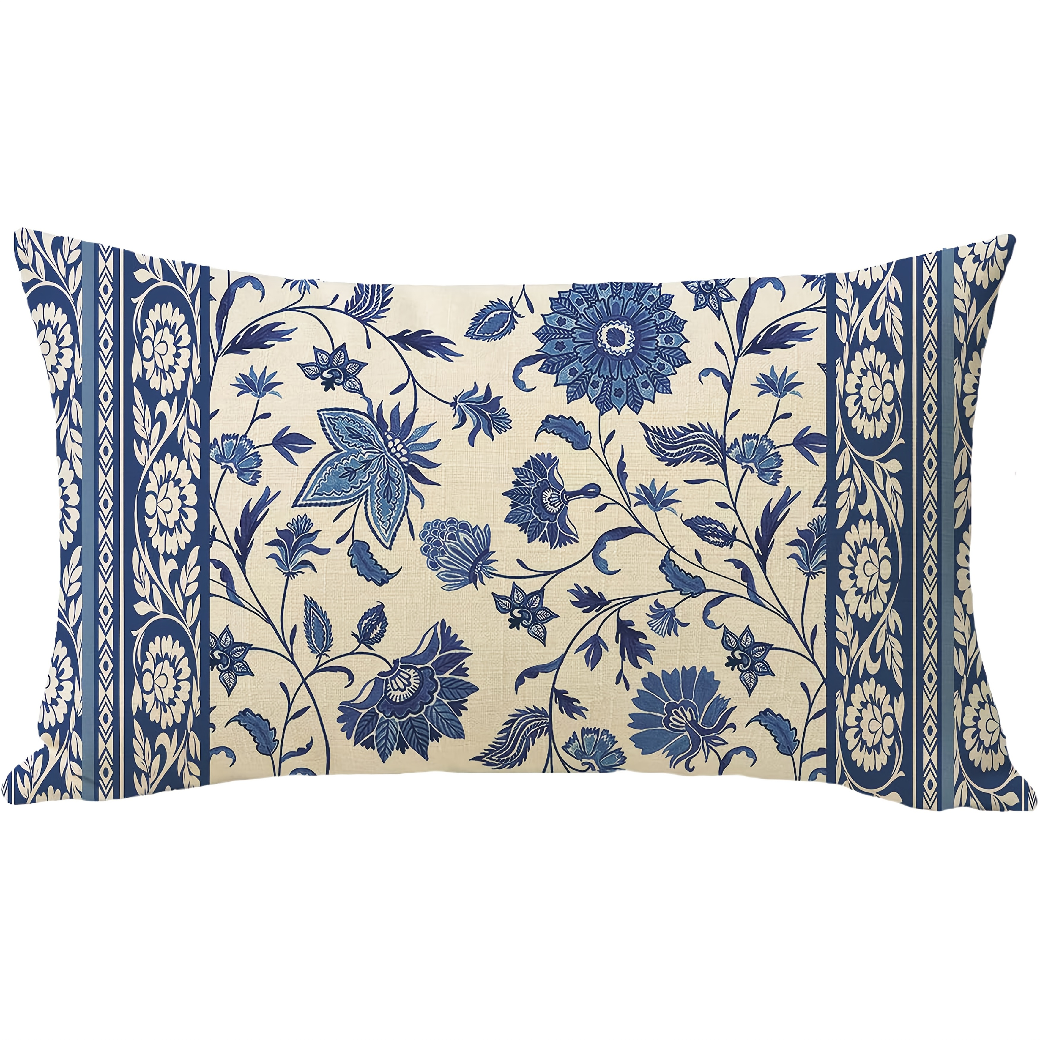 TEMU 1pc Vintage Blue White Floral Lumbar Decorative Throw Pillow Cover 12 X 20, Rectangular Flower Botanical Outdoor Home Decor, Farmhouse Spring