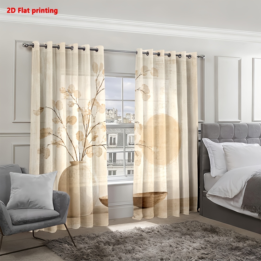 Image of 2d Flat - 2d Flat 2pcs Curtains, Minimalist Abstract Sun And Branch Pattern, , Living Room, Bedroom, Home Decor, Elegant Styling