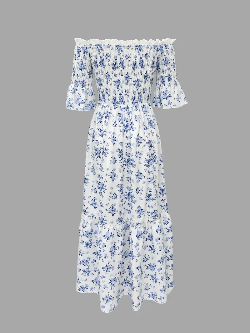 white off the shoulder dress with blue flowers Veda Off-Shoulder Maxi Dress Floral Blue