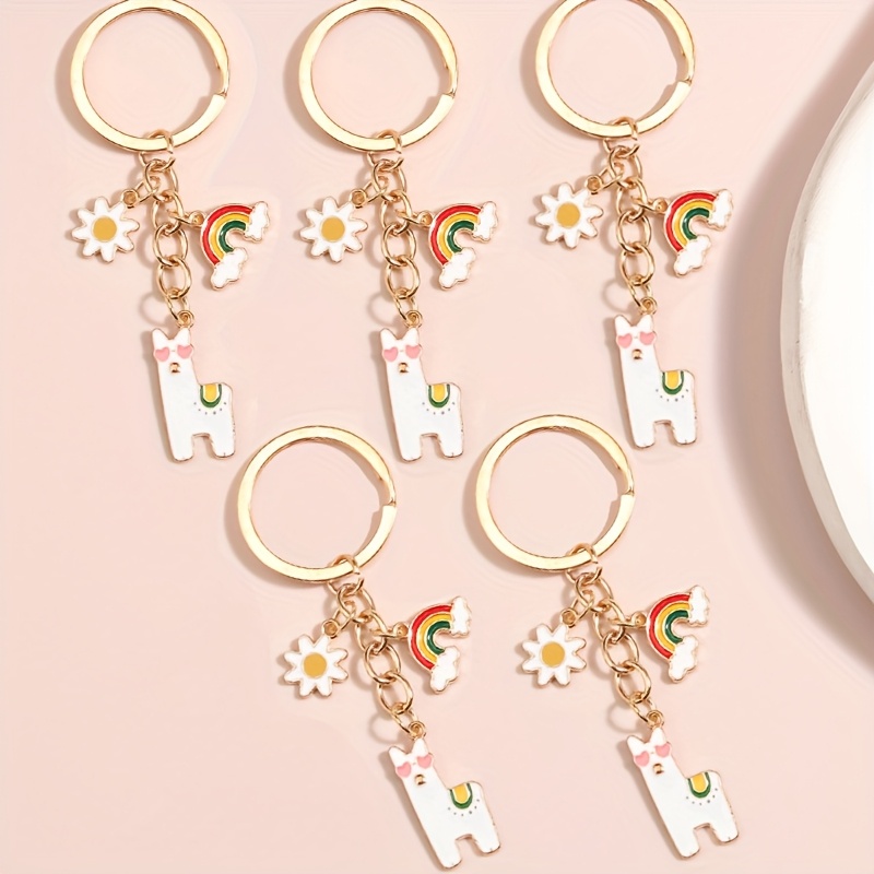Image of 5pcs Cute Fashion And Pony Combination Keychain; Cartoon Trendy Rainbow Alpaca Alloy Drip Oil Key Charm; Party Gift ; Versatile Casual Pendant