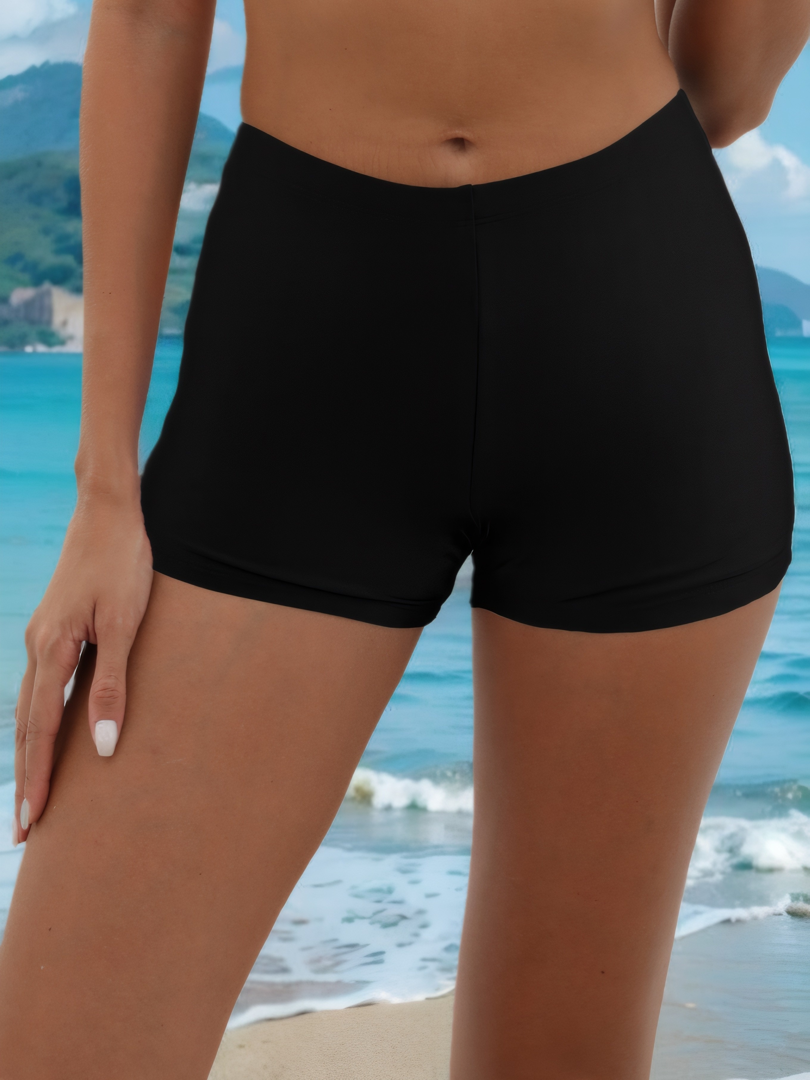2Pcs Solid Color Casual Swim Shorts, Plain High Stretch Slimming Beach Bottoms, Women's Swimwear & Clothing