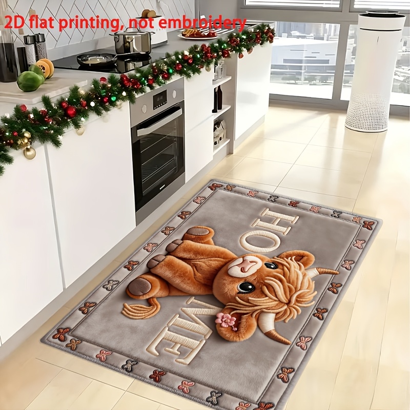 TEMU Cute Cartoon Highland Cow Indoor Welcome Doormat, Pet Feeding Mat Entryway Non-slip Rug-machine Washable, Kitchen Rug Room Decor, Easy To Clean,