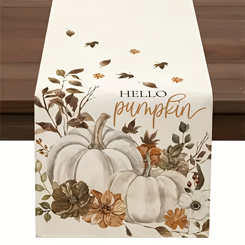 TEMU 1 pièce, Dokriy, Nappe d'automne à motif citrouille blanche et florale - Design "Hello Pumpkin" avec feuilles orange, marron et vertes, parfaite