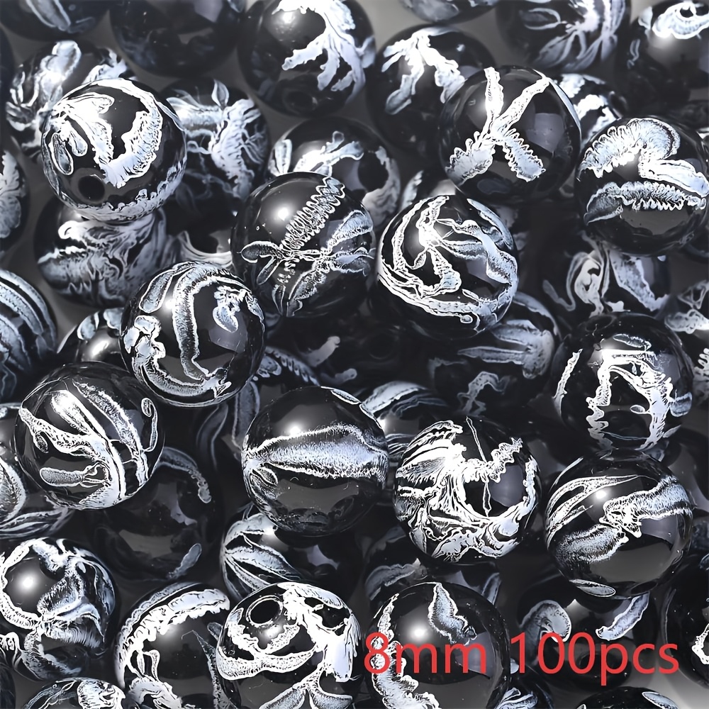 Image of 8-16mm Acrylic Black Round Beads Creative Pattern Beads For Jewelry Making Diy Handmade Jewelry Accessories