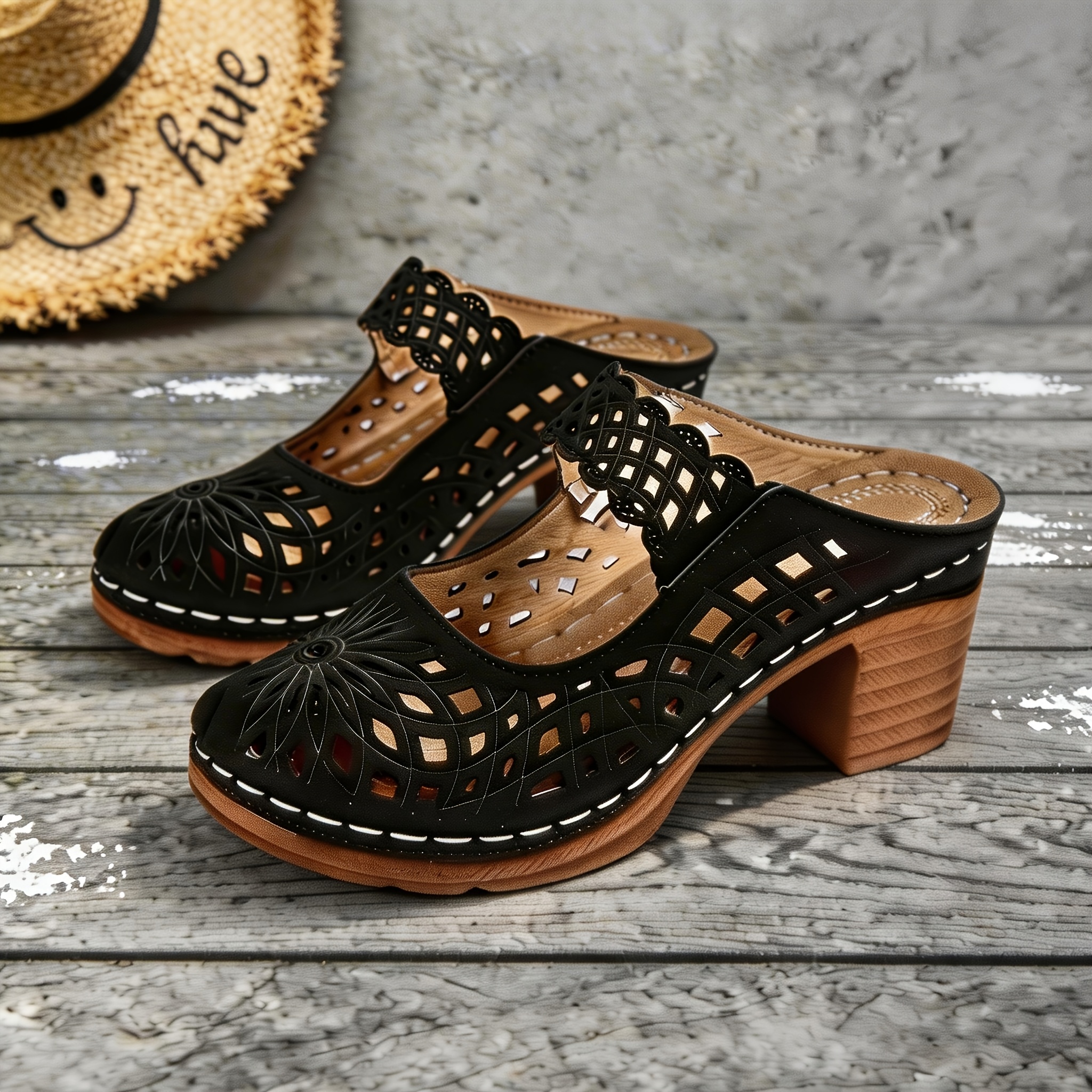 TEMU Women's Retro Chunky Platform High-heel Sandals - Cutout Mule With Tpr Sole & Cushioning, Round Toe Suitable For Travel, Parties, Summer, Casual