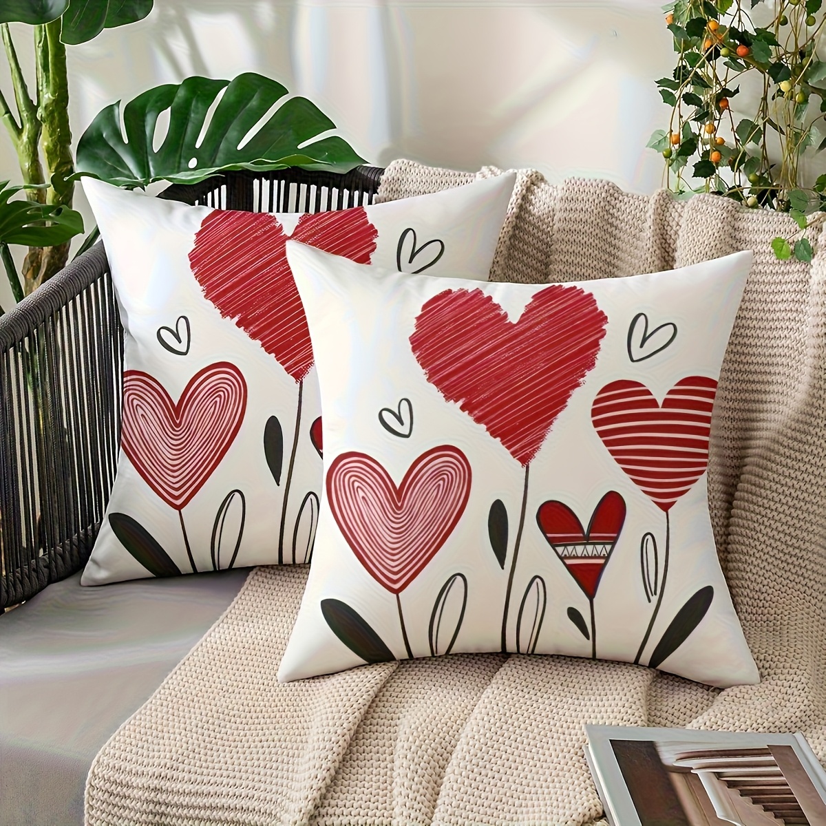 E-shop 2er-Set Kissenbezüge mit rotem Herzmuster, moderner Stil, weicher und bequemer Stoff mit Reißverschluss, einseitig bedruckt, maschinenwaschbar,