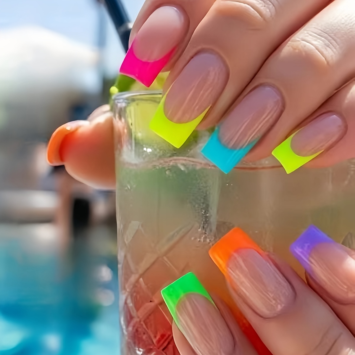 TEMU Summer Colorful Neon Press-on Nails, Color-block Candy Fluorescent Fingertip Fashion, Party And Pool Outing Style, Elegant Influencer Nails,