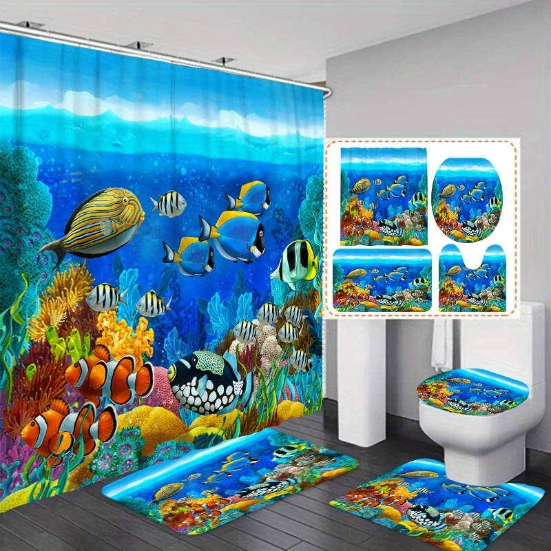 

1/3/4pcs Underwater Ocean Fish Print Shower Curtain Set, Waterproof Bathroom Curtain With Free Hooks, Non-slip Rug, Toilet Lid Mat And Bath Mat, Bathroom Accessories