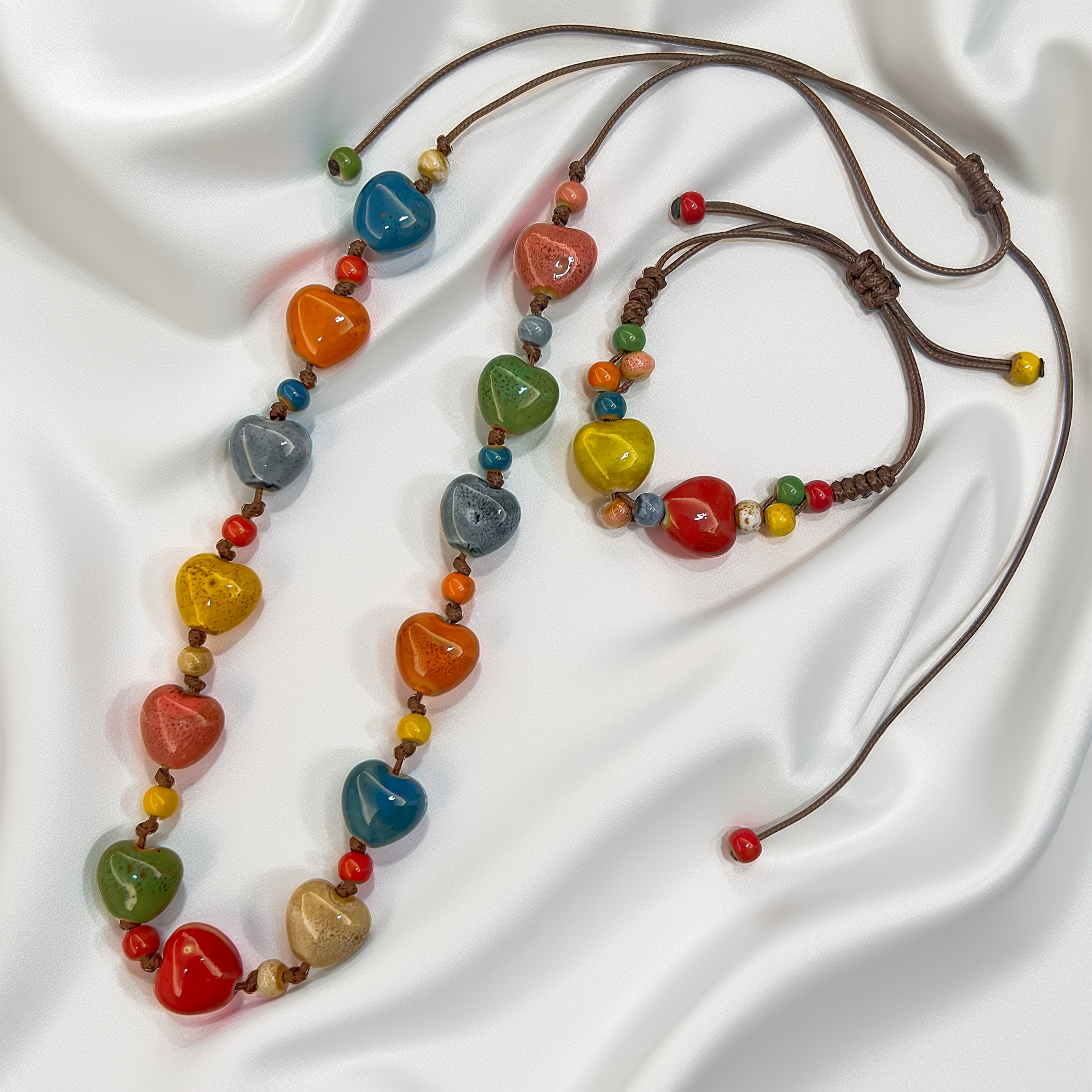 TEMU 2pcs Vintage Bohemian Ceramic Heart Necklace And Bracelet Set, Adjustable Length, High-temperature Kiln Ceramic , Ethnic Style Beaded Sweater