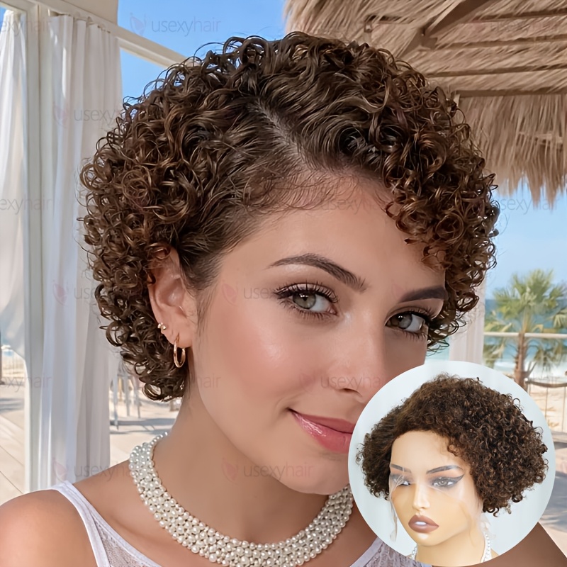 TEMU Perruque avec dentelle frontale 13x4x1 et frange, adaptée pour et les fêtes, perruque courte et bouclée 180 % de , cheveux bruns pour les