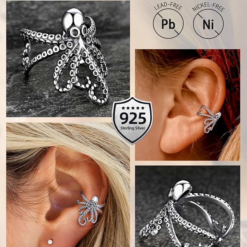 TEMU 1 S925 Silver Octopus Clip Earrings For Women, Fashionable Clip Earrings, Jewelry Gift, Day Gift, Hypoallergenic Silver, Weight 1.15g