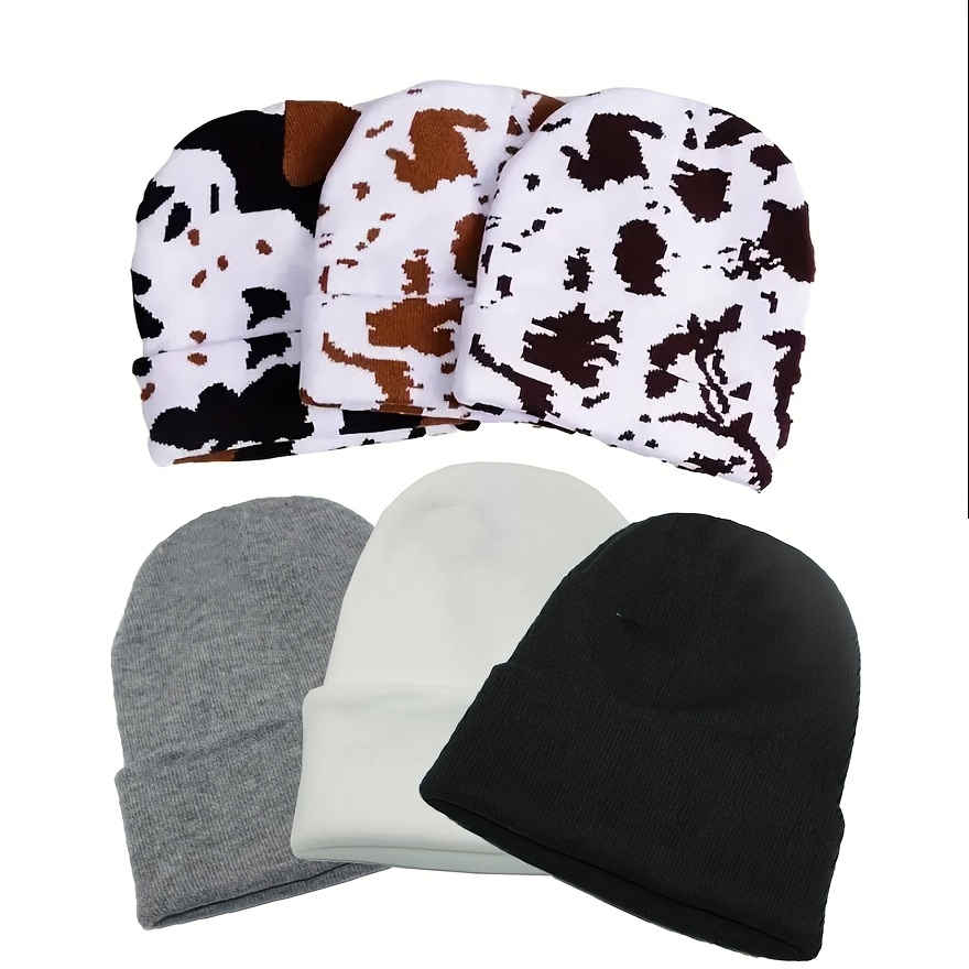 

Cotton Knit Beanie Hats In Cow Print & Solid Colors - , Warm Skull Caps For - Ideal For Winter, Christmas & Sports - Hand Washable