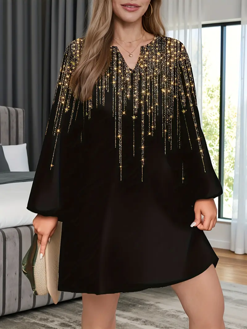 plus size sequin tassel dress Rose Gold Plus Size Star Tassel Beaded Plunge Mini Dress