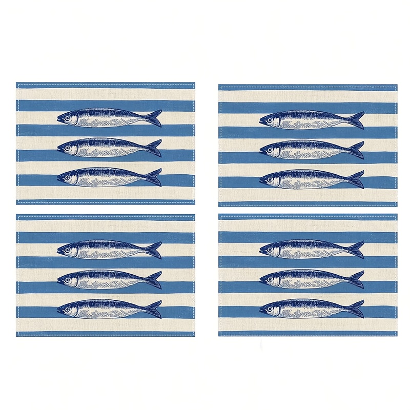 TEMU 4-pack Striped Sardine Placemats, Style, Home Decor, Fiber Material, Rectangular, Sardine Pattern, Suitable For Home Kitchen, Indoor/outdoor