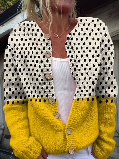 ladies fashion yellow and white polka dot cardigan round neck button sweater gradient design long sleeves glossy surface suitable for leisure