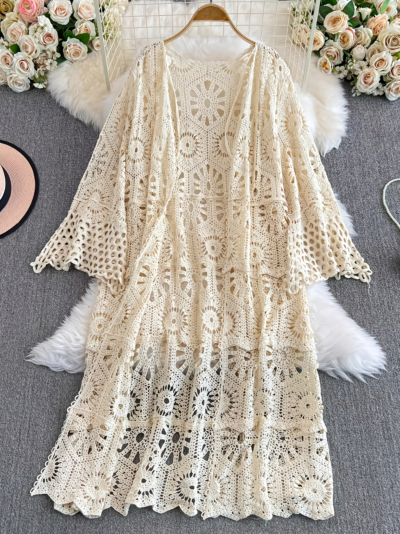 Plus Size - Plus Size - * Heavy Crochet Mermaid Dress, Beige Lace Maxi  Dress with Flared Sleeves, Elegant Beach Dress for Spring Summer Fall