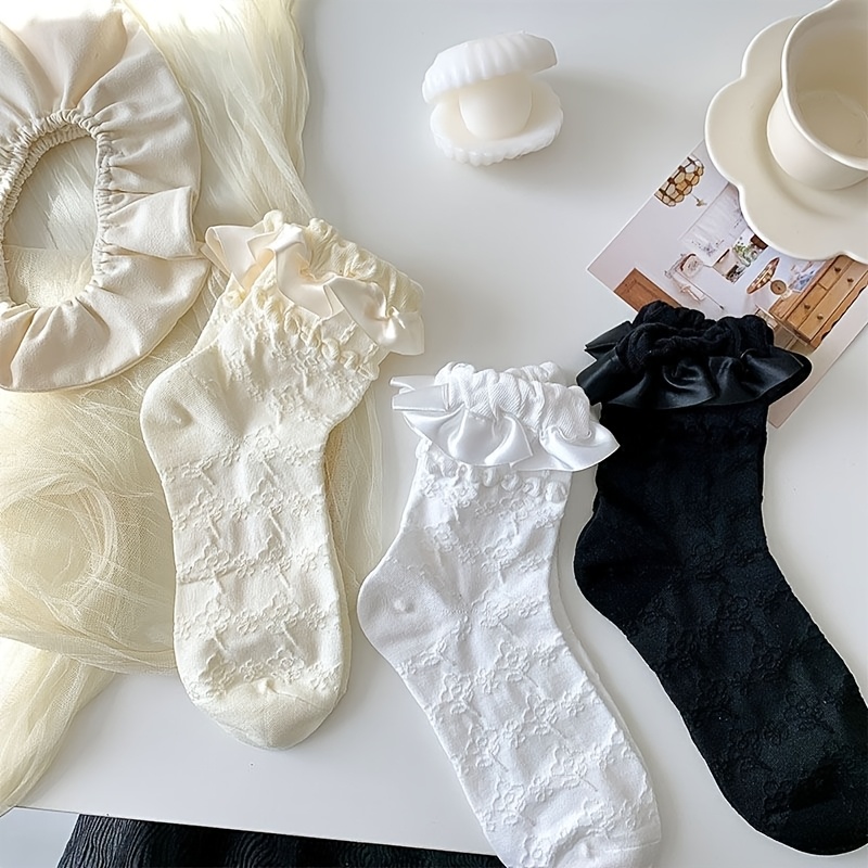 TEMU 3 Pairs, Ribbon Lace Cute Medium Tube Socks, Sweet Lace Jk Socks, Suitable For Spring And Summer