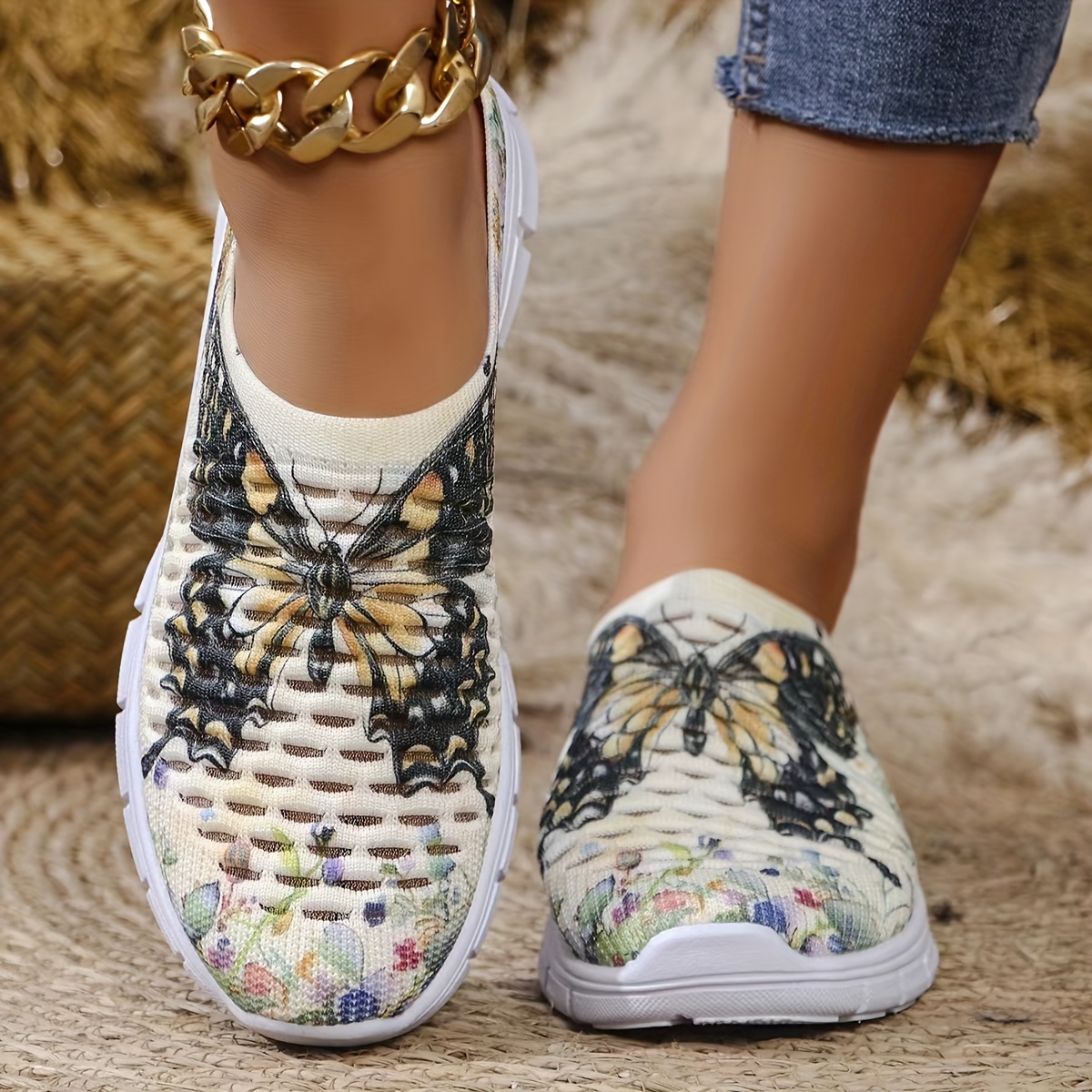 

Women's Butterfly Print Sdneakers, Slip On Platform Soft Sole Walking Mesh Shoes, Breathable Half Daily Footwear