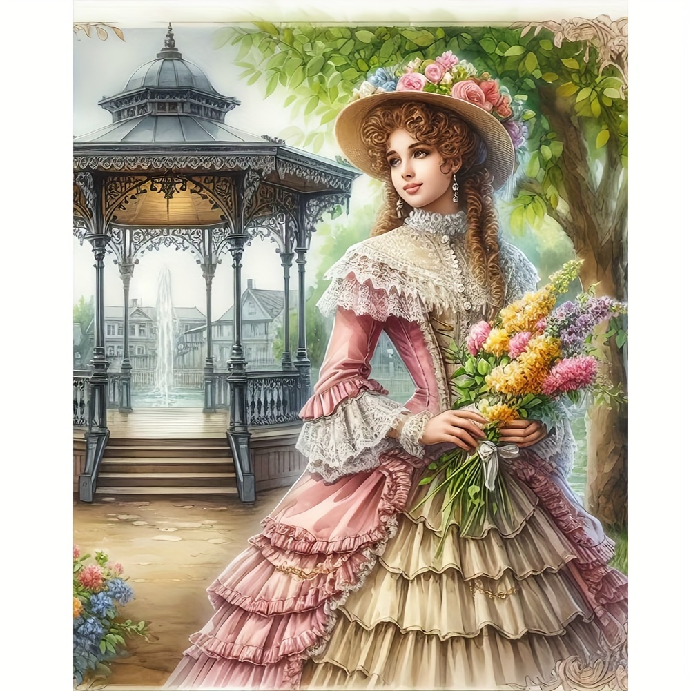 

Victorian Lady With Flowers Diy 5d Diamond Painting Kit, 40x50cm Round Acrylic Diamond Embroidery Cross Stitch Art Craft For Wall Decor - People Theme Full Drill Canvas