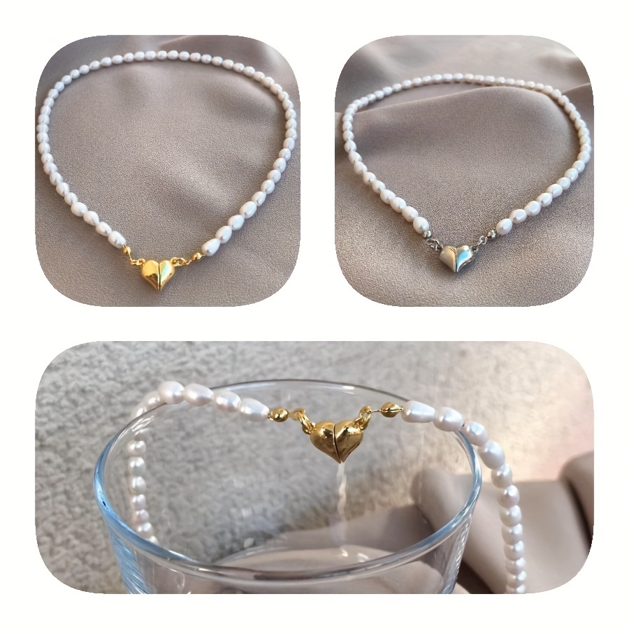   handmade natural   rice shaped pearl necklace with golden silvery heart 6 7mm pearls with gift box jewelry gift for him her suitable for daily party birthday anniversary valentines day christmas new year gift mysoya details 0