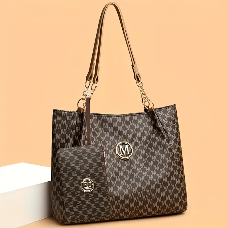 2pcs womens vintage shoulder bag set large capacity tote bag with fixed shoulder strap synthetic zipper closure polyester lining lightweight random print design daily commuting and carrying cell phones details 6