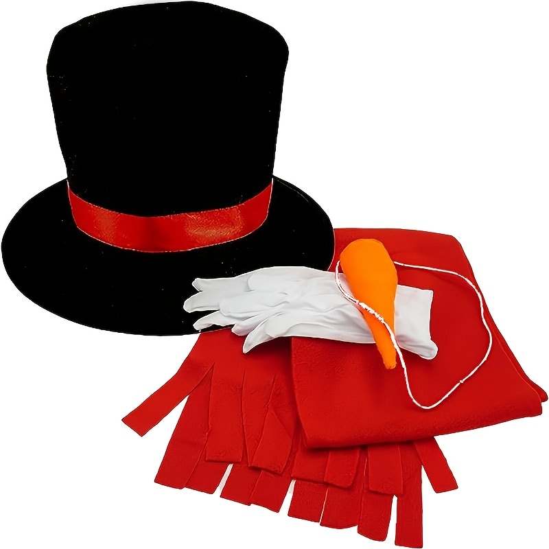 TEMU Christmas Snowman Costume Set, Including Red Scarf, Black Felt Hat, Nose, And Gloves - Perfect For Holiday Parties