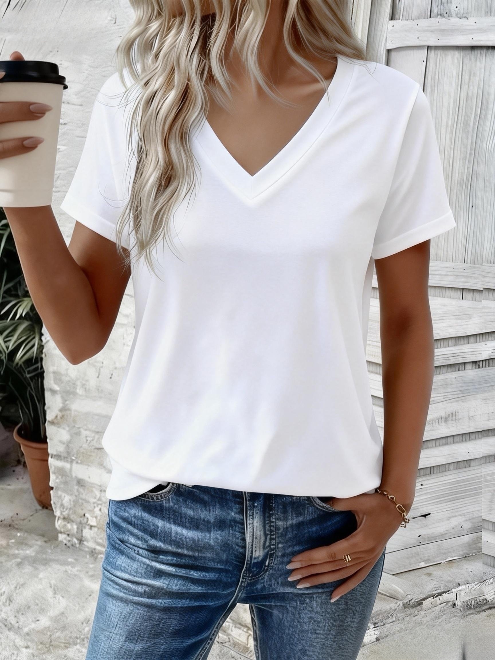 womens v neck short sleeve t shirt base layer blouse suitable for spring summer fall layering solid color opaque   washable   fit versatile shirt for casual office wear