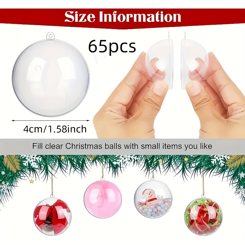 TEMU 65pcs 40mm Christmas Transparent Plastic Fillable Ball Ornaments Diy Craft Transparent Glass Beads Shatterproof Christmas Tree Hanging