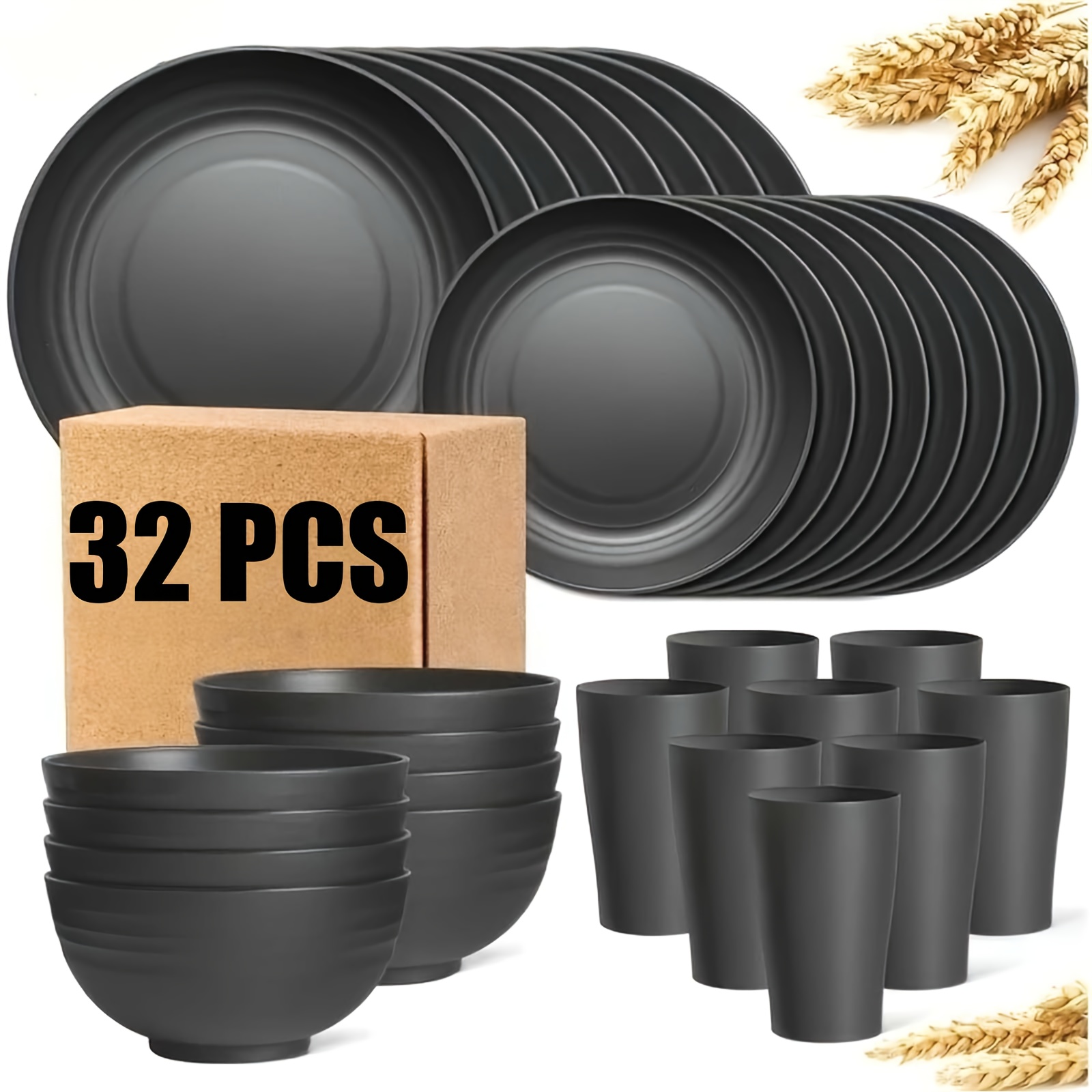 TEMU 16pcs/32pcs Kitchen Wheat Straw Large Size Dinnerware Set, For 4/8, Unbreakable Modern Dish Set Dinner Plate/dessert Plate/cereal Bowl/cup,