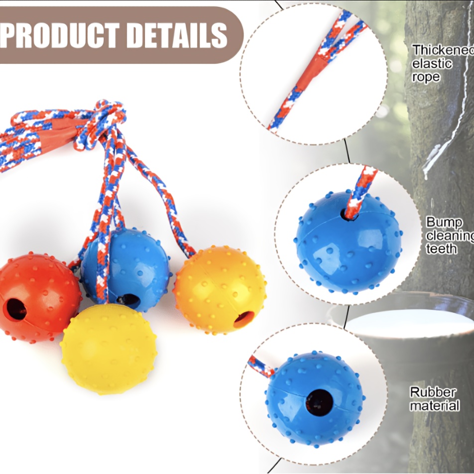 4pcs Dog Leash Feeding Natural Rubber Toy Balls, Bite-Resistant