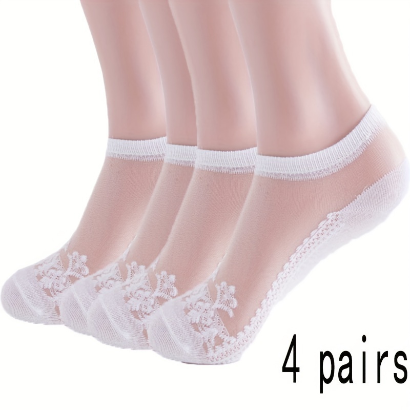 

4 Pairs Women's Short Solid Color Polyamide Lace Socks, Comfy & Lightweight Sheer Invisible, Knit Fabric, 200g/m², With Hand Wash Or Professional , Containing Spandex, For Women