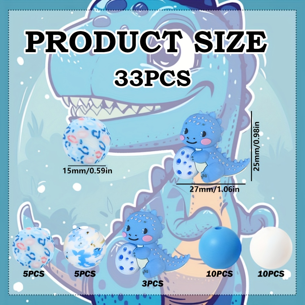 TEMU 33pcs Blue Silicone Beads In Of Small Dinosaurs With Floral Prints, Suitable For Jewelry Decoration Additions, Earrings, Necklaces, Bag Chains,
