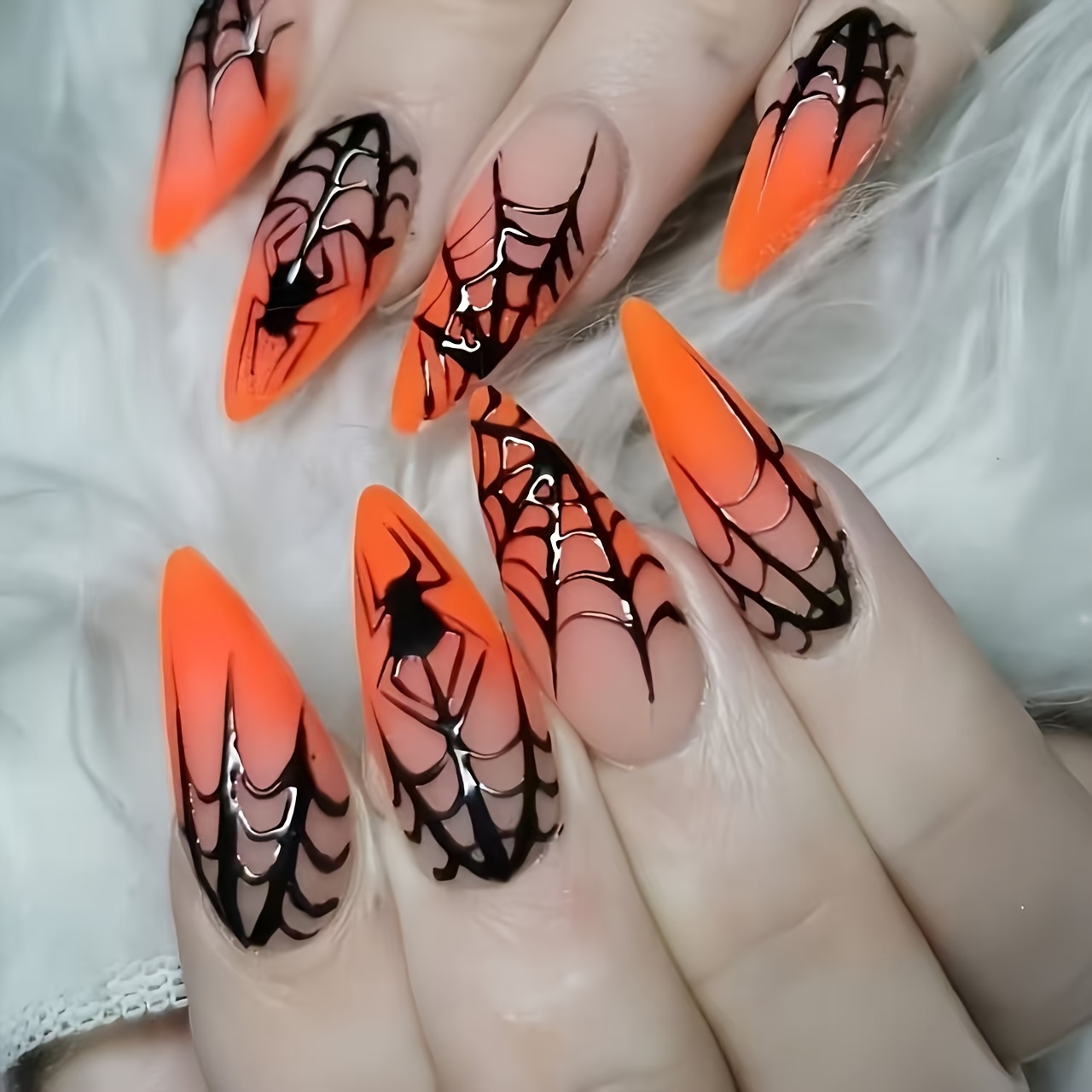 TEMU 24pcs Almond Press-on Nails Suitable For - Orange Black Web With Almond Shape & Medium Length, Glossy, Suitable For, Machine- Application