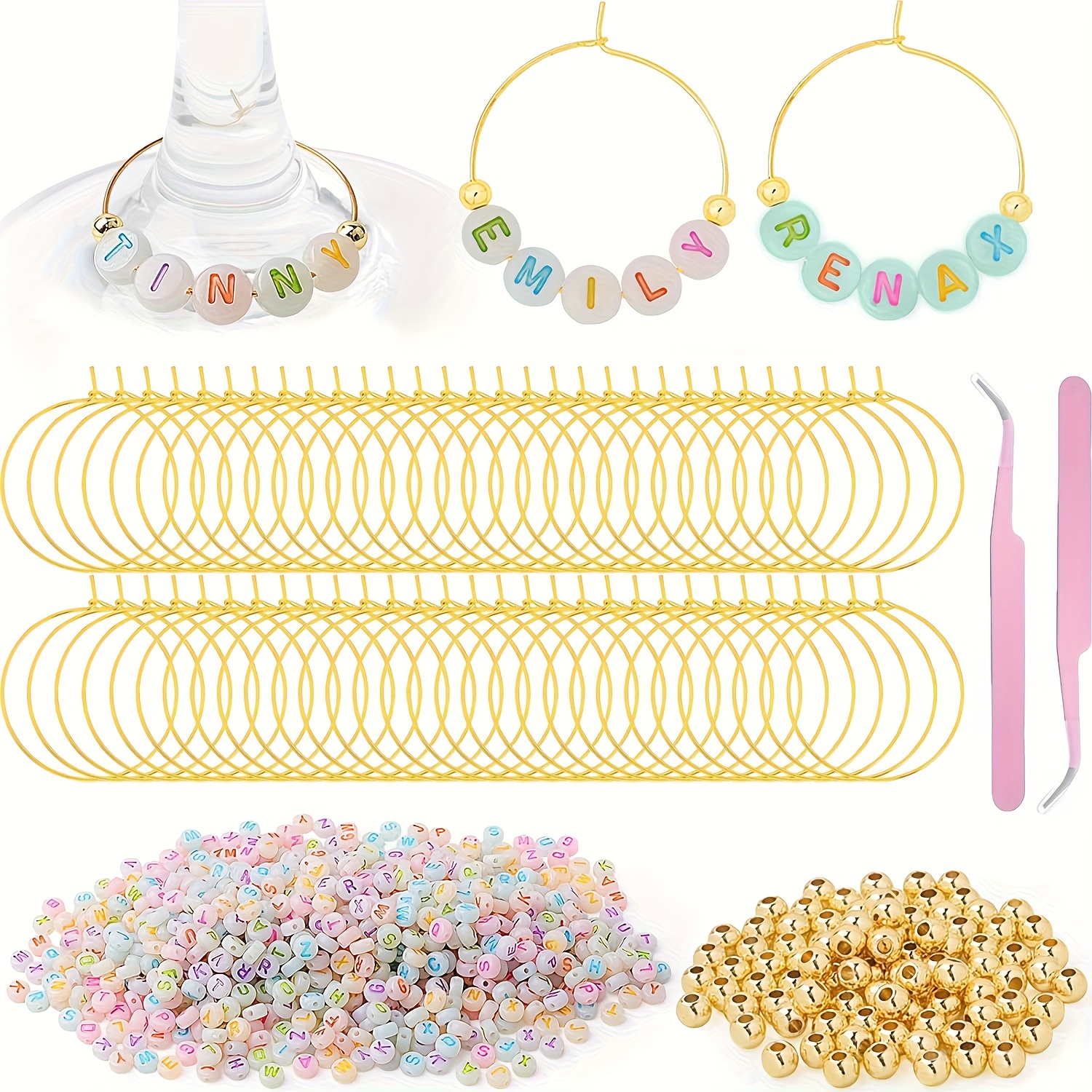 432pcs 30 Sets DIY Wine Glass Charms - 300 Letter Beads, 100 Golden Beads, 30 Charm Rings, 2 Tweezers, Drink Identifier Charms Wine Glass Marker Tags for Wedding Rooster Tail Bachelorette Party Decorations Party Supplies Set