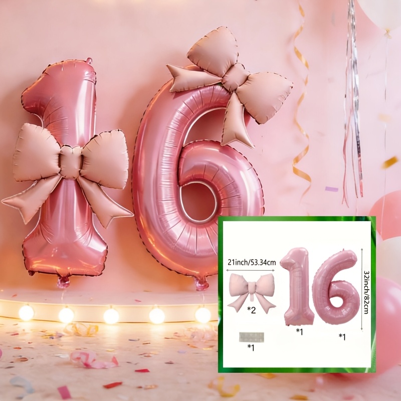 Image of 5pcs 32inch Pink Number 16 Balloons With 21inch Pink Bow Foil Balloon And Set, 16th Birthday Party Decoration, Anniversary Celebration Decor, Indoor Outdoor Event Backdrop, Photo Booth Balloon Decor