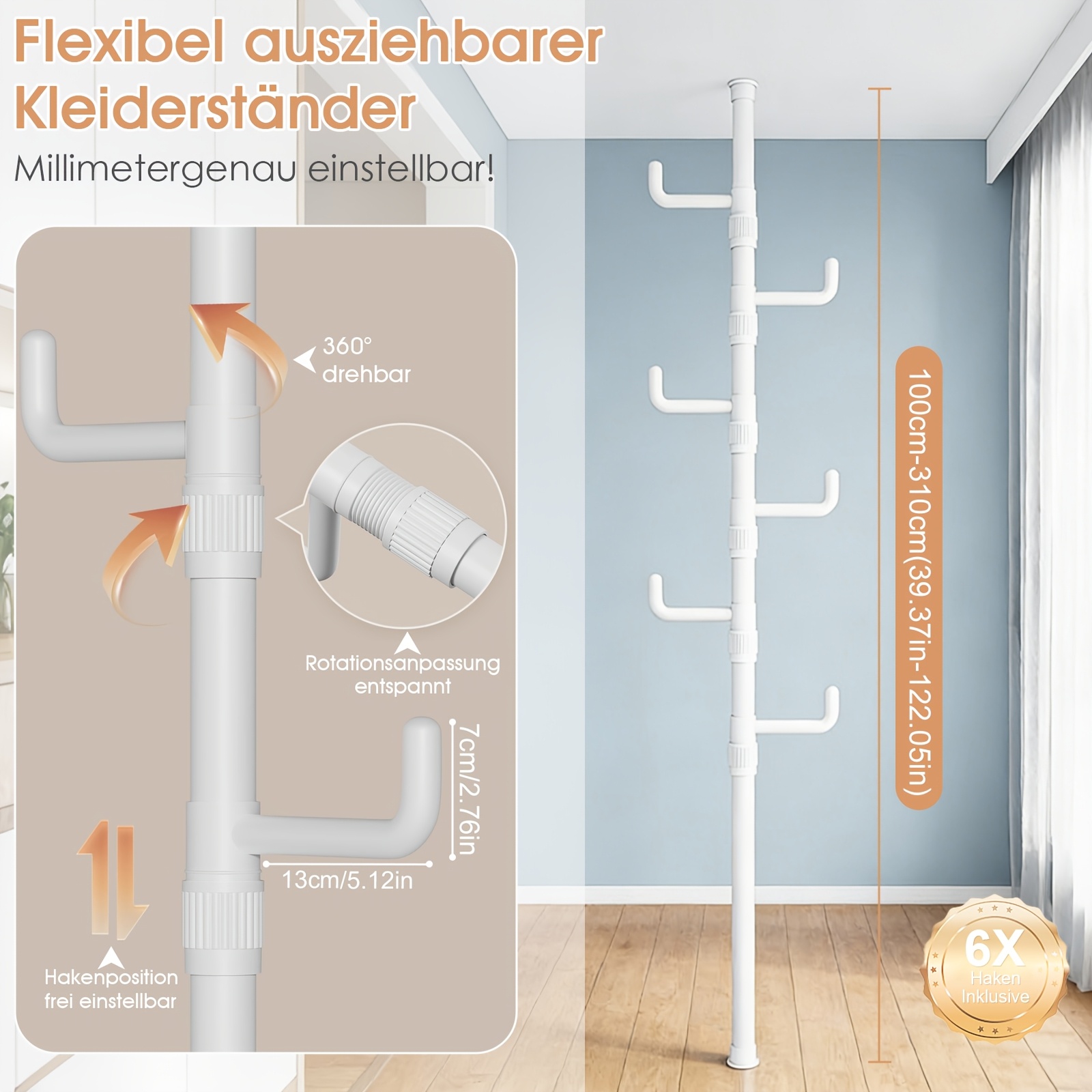 Image of 6-layer Floor-to-ceiling Clothes Rack, Clothes Drying Rack For Hanging Clothes, Adjustable Floor-to-ceiling Corner Tension Rod For Living Room, Balcony, And Bedroom