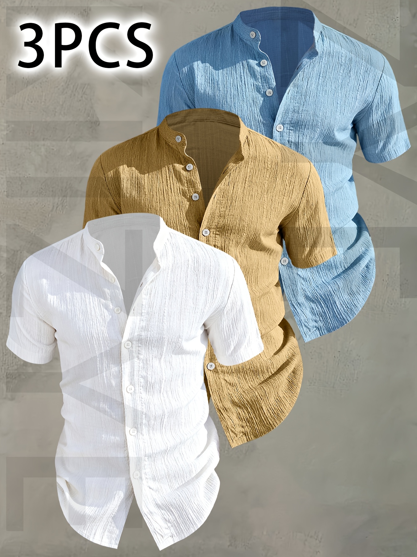 3pcs of mens summer short sleeved shirts lightweight and breathable solid color button up shirts with stand up collar design suitable for beach vacations pool parties and casual wear    