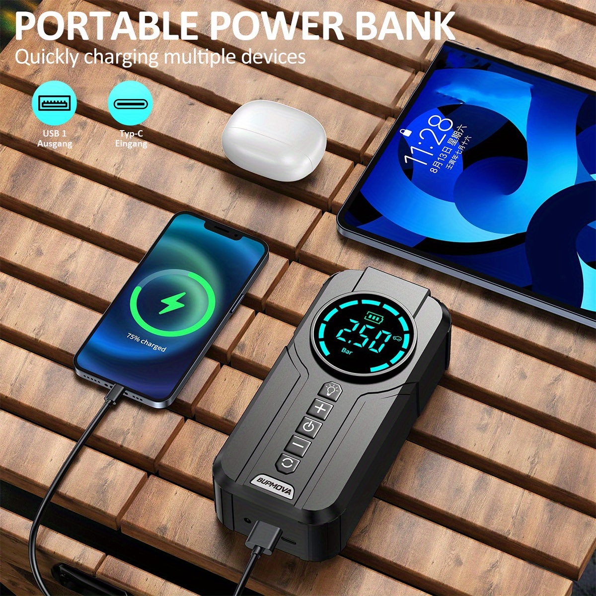 Démarreur de voiture avec compresseur d'air, gonfleur de pneu sans fil, batterie de démarrage 21800mAh avec pack de batterie externe et lampes de poche LED, boîtier de démarrage automatique 12V pour tous les véhicules à essence ou diesel de 10.0L