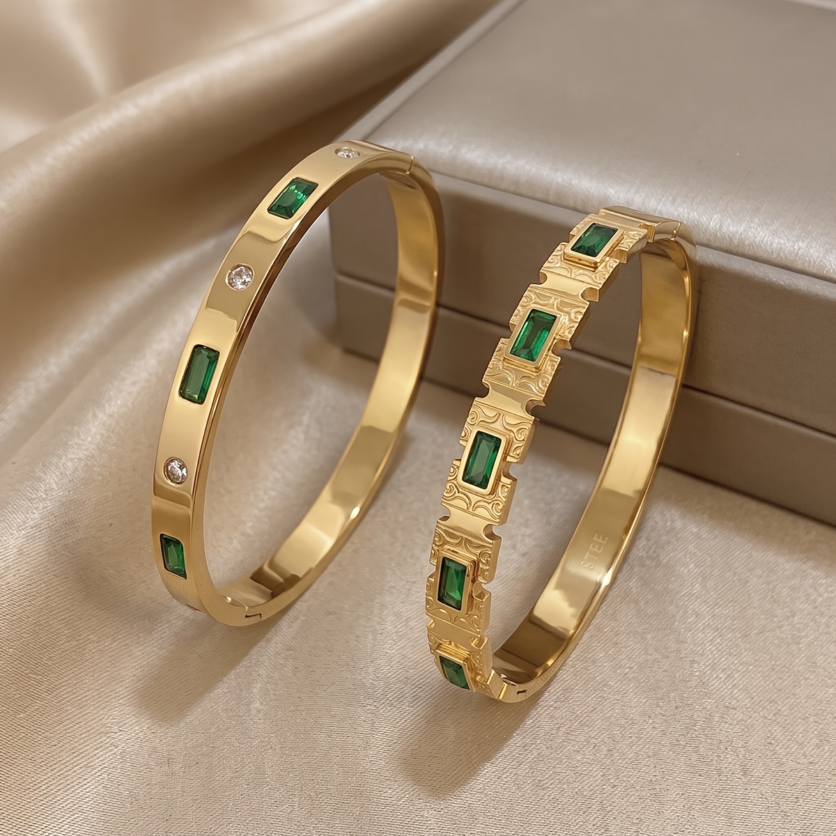2pc Elegant 18K Golden Plated Bangle Set with Green Accents