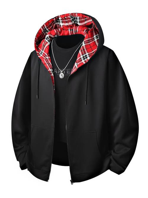 photo de l'article veste de sport décontractée à capuche pour hommes - sweat-shirt cardigan à carreaux intérieurs pour hommes, vêtement dextérieur zippé avec poches, athlétique toutes , taille