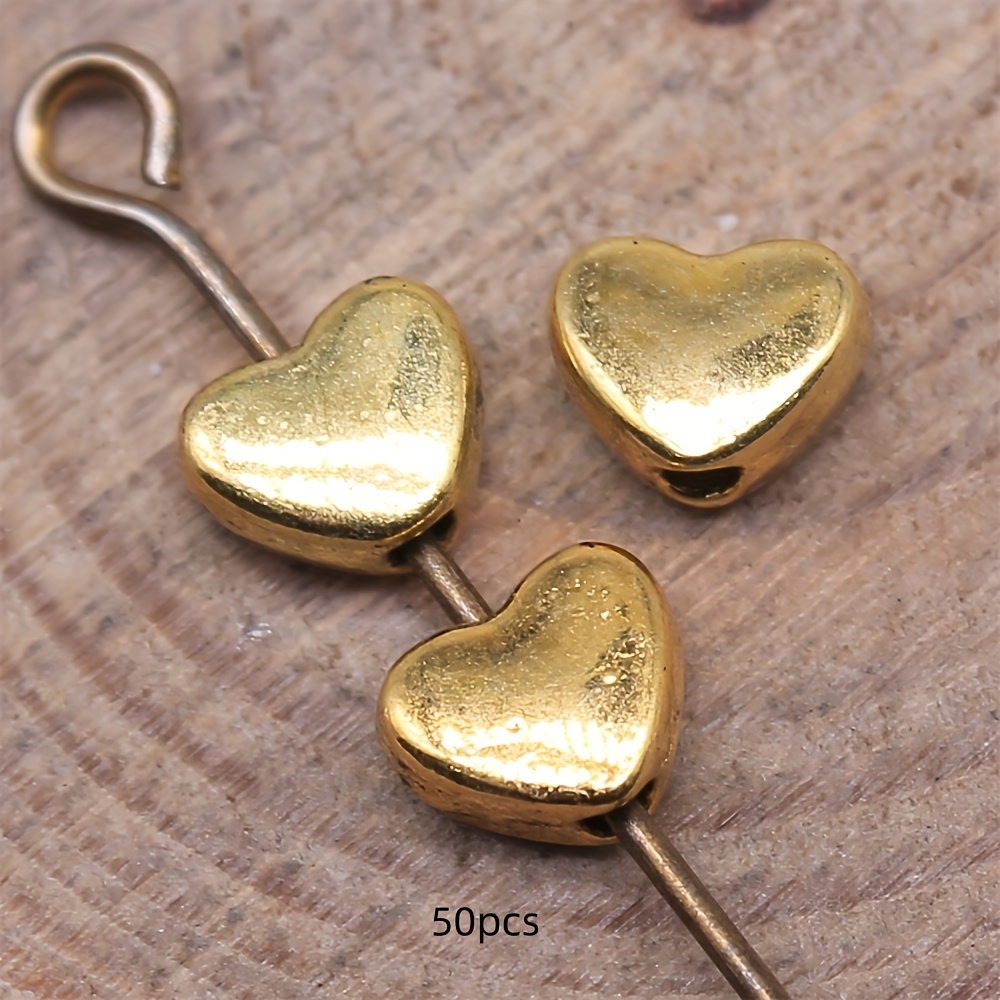 Image of 30/50pcs Small Peach Heart Charm Beads - Vintage Ancient Golden Silvery Beaded Spacer For Diy Handmade Jewelry Necklace Bracelet Accessories - 6x5x1.2mm Loose Beads For Crafting
