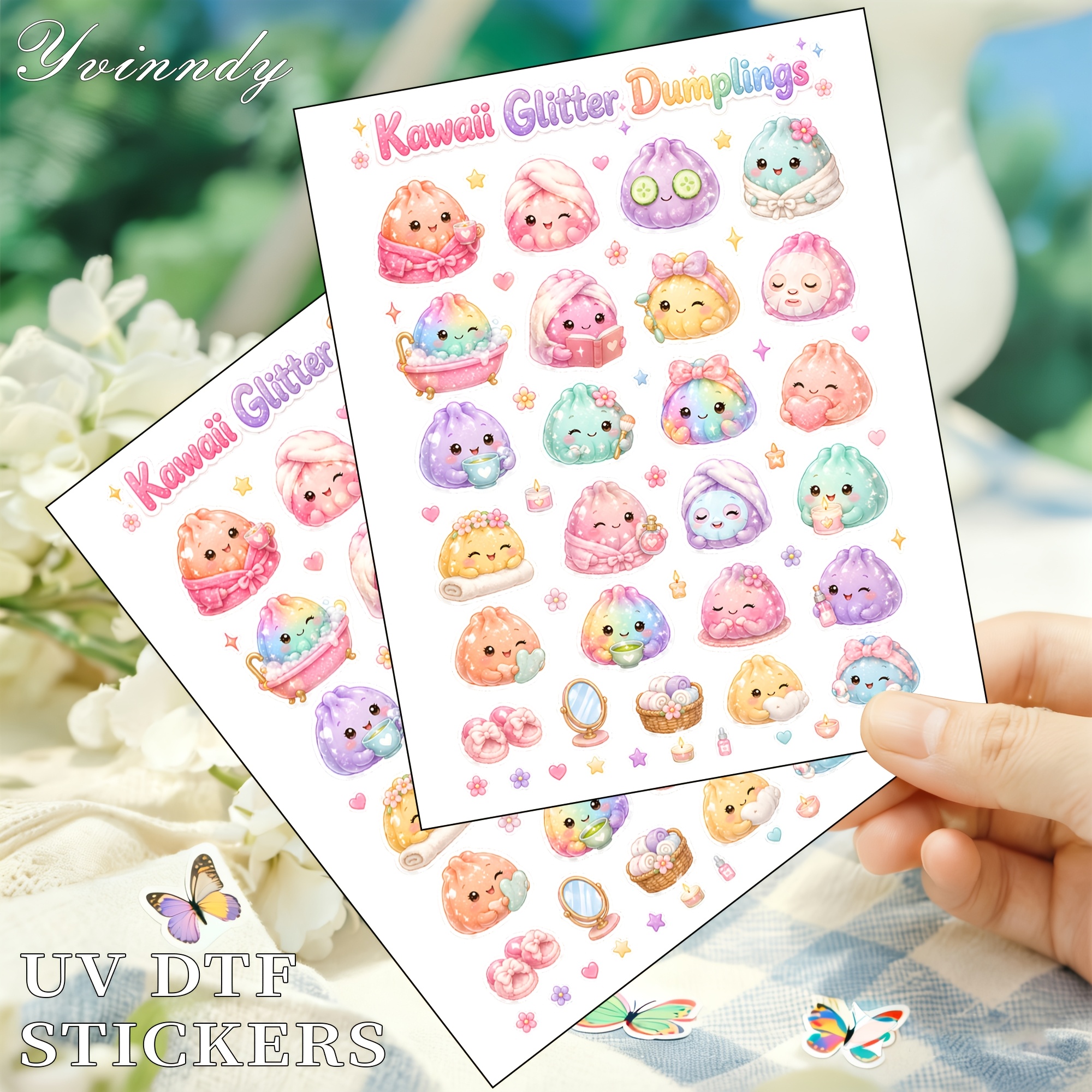 TEMU 2pcs Glitter Dumpling Uv Dtf Sticker Set Peelable Transfer Sticker Decal Set Coaster Set Suitable For Crafts Stickers Glass And Ceramic Crafts