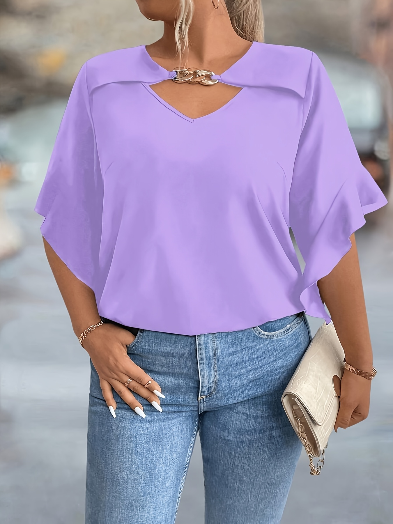 Women'S Plus Size V-Neck Blouse - Soft Pink, Ruffled Sleeves, Casual Summer Top with Golden Chain Detail, Casual Wear|Ruffled Sleeve Top|Vneckline Top