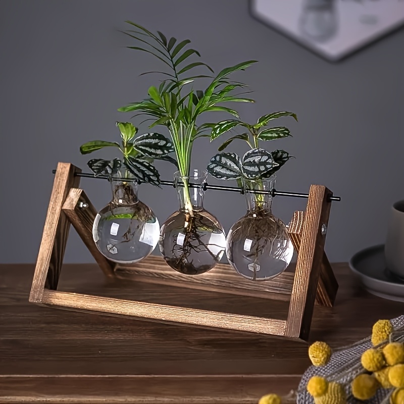 

1pc Elegant Hydroponic Glass Vase With Wooden Frame - 5.3" Round Desktop Plant Container For Office & Home Decor, Includes Basin, Vase For Living Room