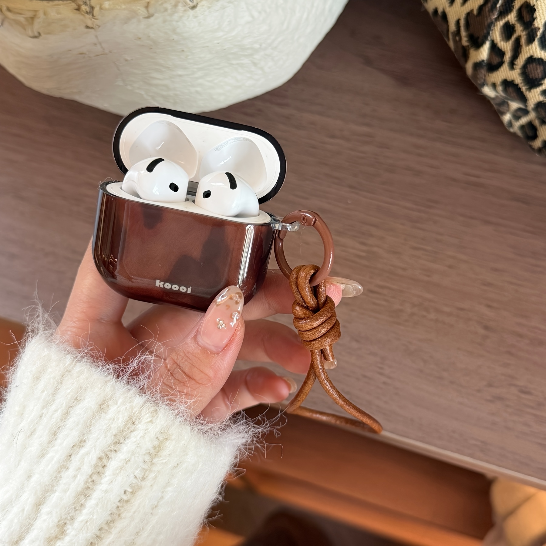 TEMU Semi-transparent Brown Irregular Color Block And Brown Leather Rope Earphone Case Suitable For For Airpods 5 Case/for Case/for /for Airpods 4